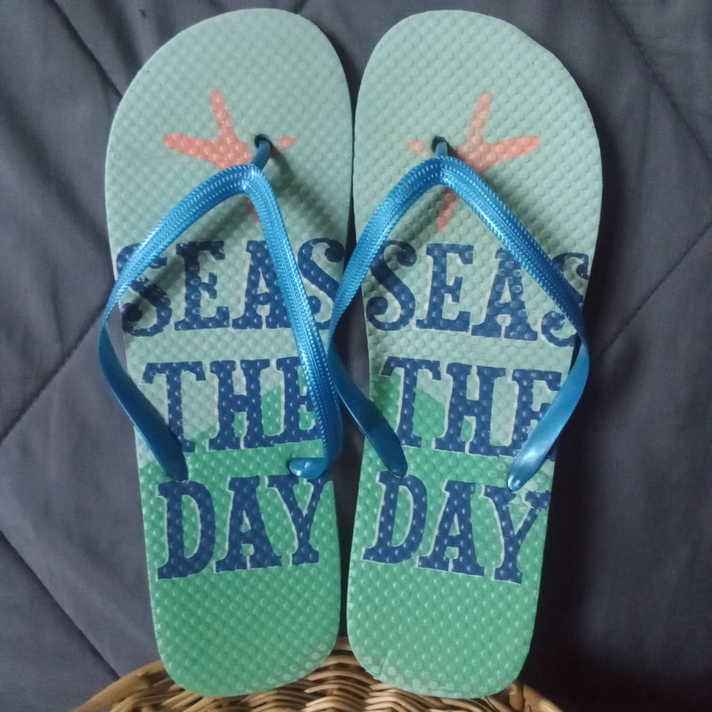 Women's "Seas The Day" Mint Green & Blue Starfish Sandals Flip Flops Slides